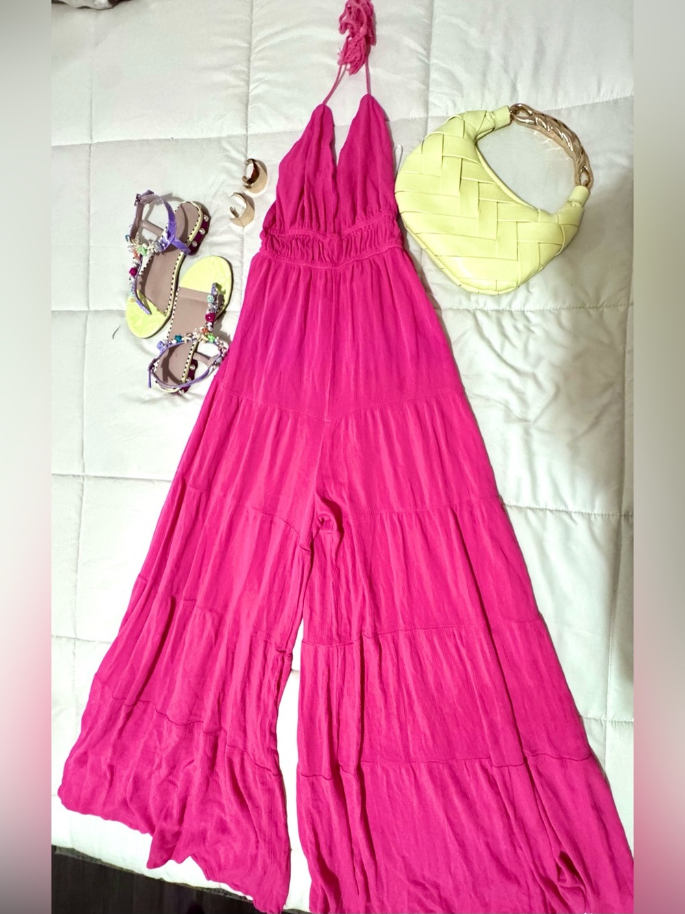 Halter Wide-Leg Backless Hot Pink Jumpsuit